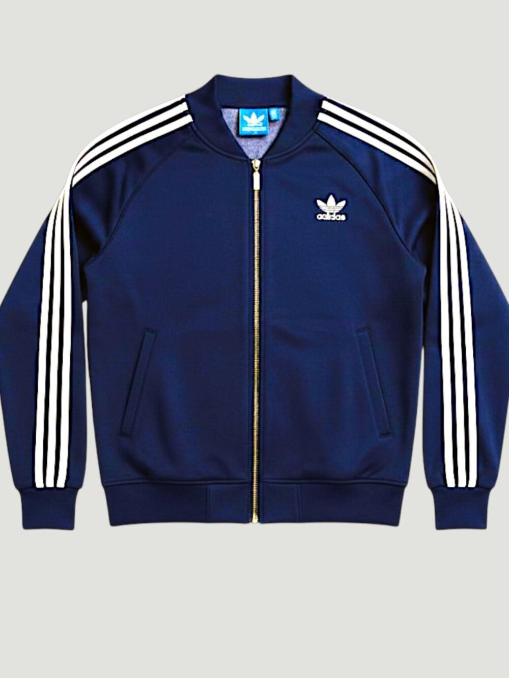Adidas Originals Navy Blue Track Jacket With Gold Zipper Closure Trefoil Logo &